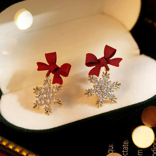 Red Bow Snowflake  Earrings